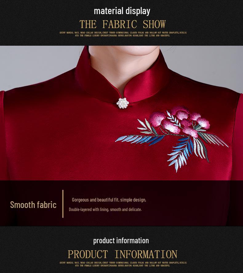 Elegant Spring Acetate Satin Embroidered Cheongsam for Mothers - New Chinese Wedding Style Dress