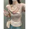 Korean Style Lace-Up Pleated Slim Fit Short Sleeve T-shirt for Women