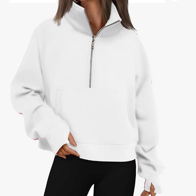 Women's Autumn/Winter Solid Color Half-Zip Cropped Hoodie - European & American Style