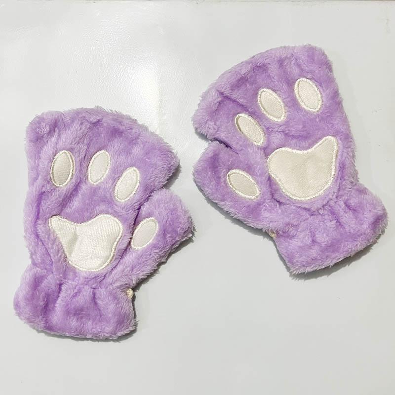 Cartoon Winter Gloves Women's Bear Plush Cat Paw Claw Gloves Cute Short Fingerless Fluffy Bear Claw Mittens For Girls Gift Party