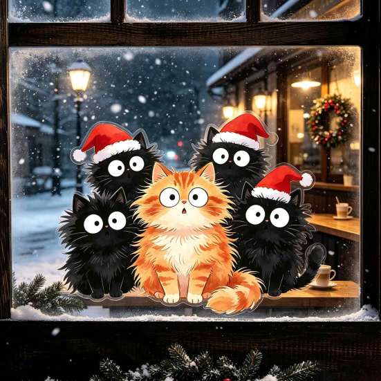 DIY Christmas Scene Window Decals Cling, Cartoon Cats Sticker with Santa Hat, Removable Cute Holiday Decorations PVC Static Glass Decal for