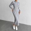 2025 Autumn Winter Solid Long Sleeve Maxi Dress for Women Clothing Elegant Skinny Elastic Gray Hooded Dresses Fashion Streetwear