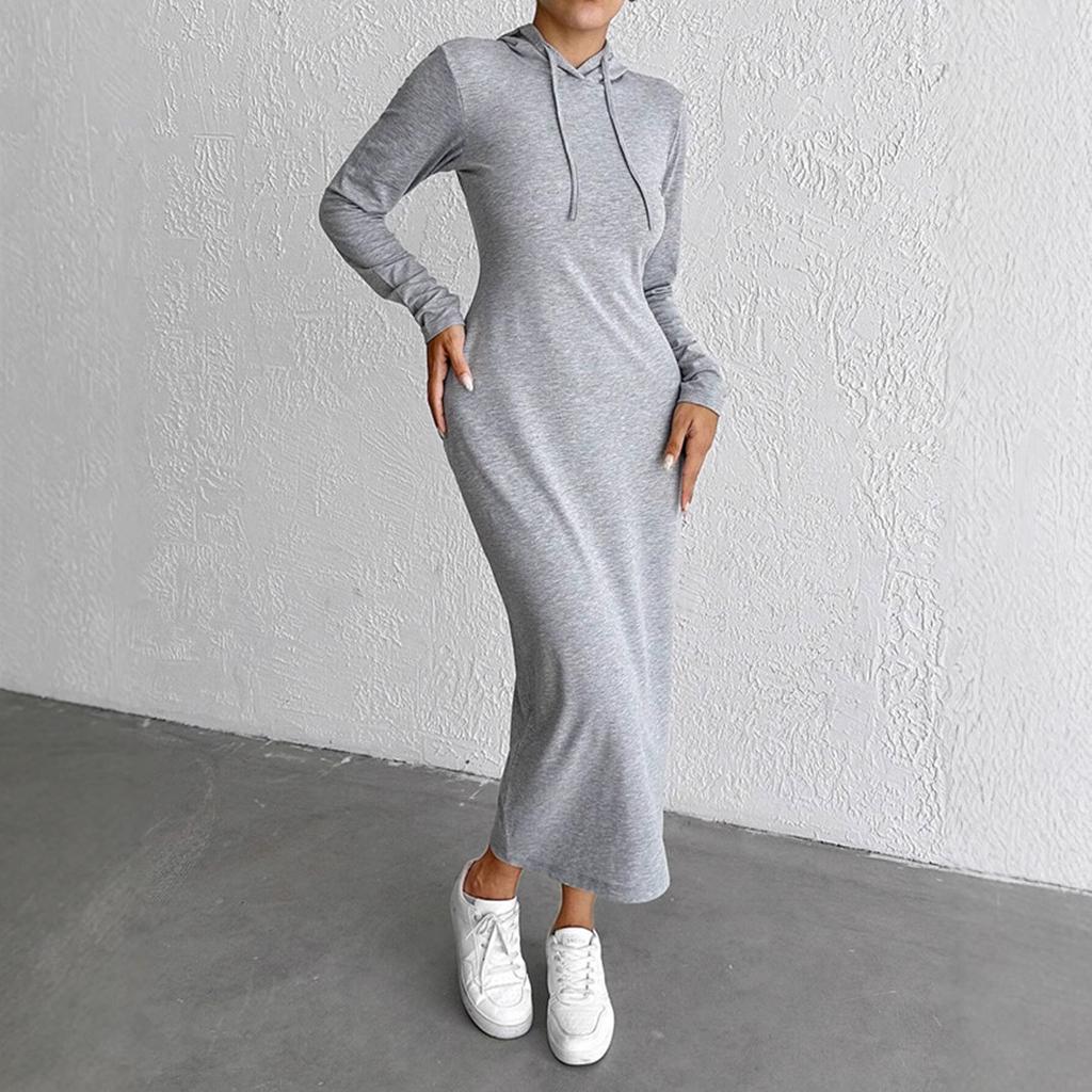 2025 Autumn Winter Solid Long Sleeve Maxi Dress for Women Clothing Elegant Skinny Elastic Gray Hooded Dresses Fashion Streetwear