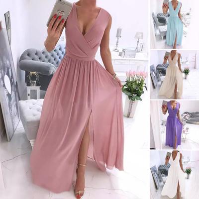 Women Evening Dress V Neck Sleeveless Pleated Split Hem Slim Waist Floor Length Solid Color Wedding Cocktail Party Prom Maxi Dress