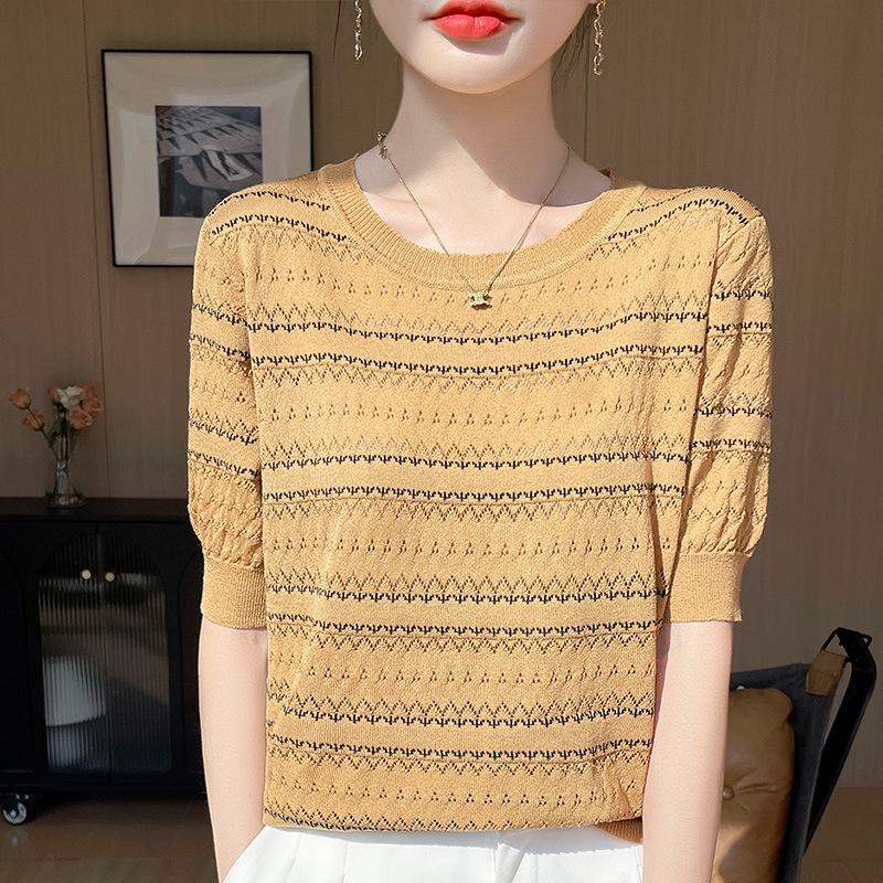 Damen Eisseide Colorblock Strick-T-Shirt - Kurzarm, Rundhalsausschnitt, Sommermode