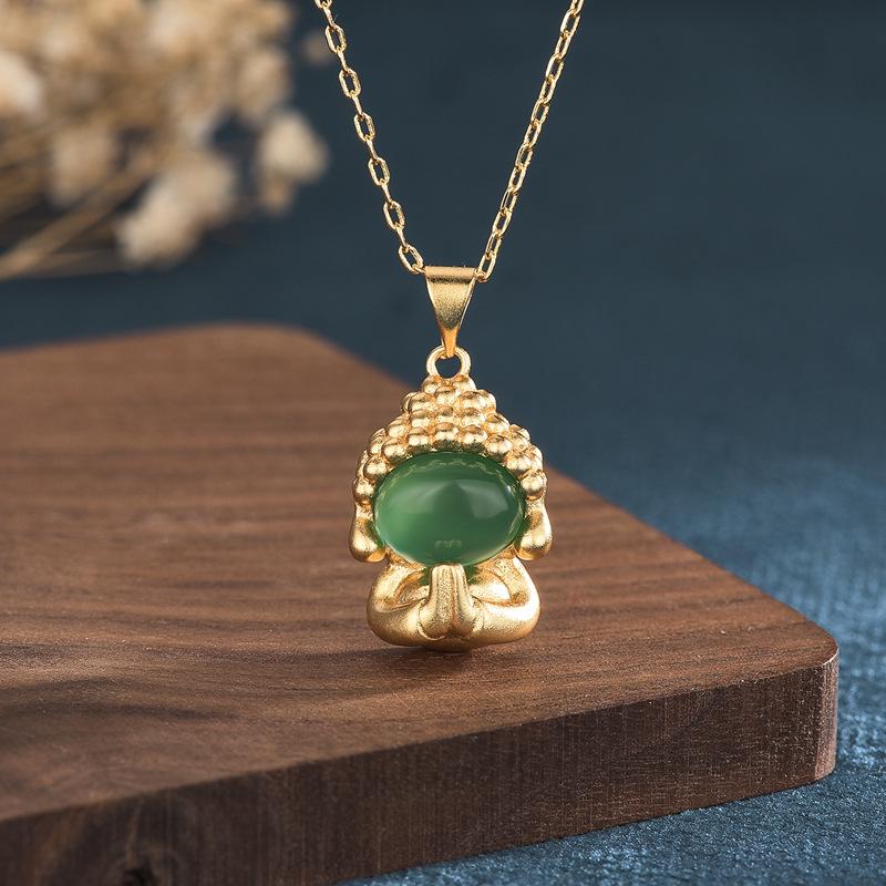 

Ethnic Style Vietnamese Gold Maitreya Buddha Chalcedony Pendant Necklace