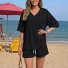 Women Casual Loose Fit V Neck Short Sleeve Top with Drawstring Waist Shorts Set Lightweight Soft Fabric Comfortable Fit