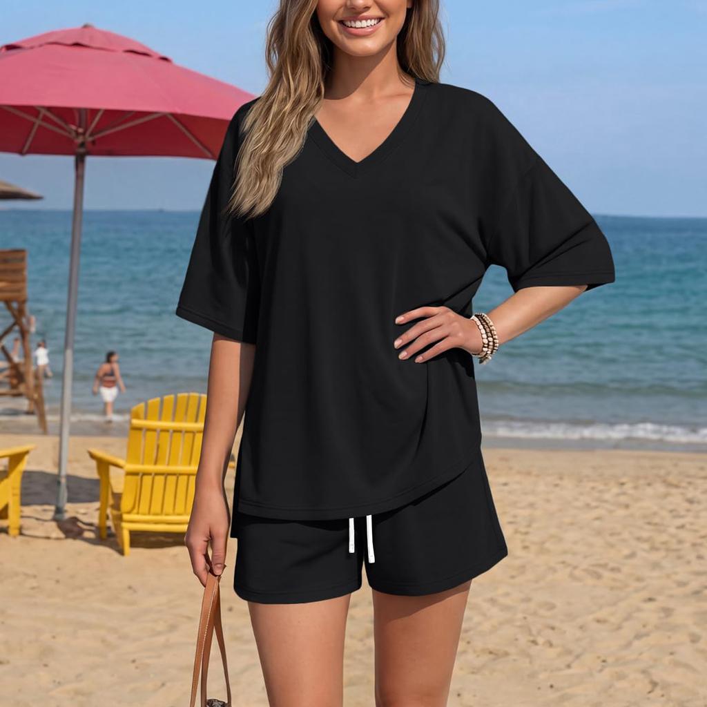 Women Casual Loose Fit V Neck Short Sleeve Top with Drawstring Waist Shorts Set Lightweight Soft Fabric Comfortable Fit