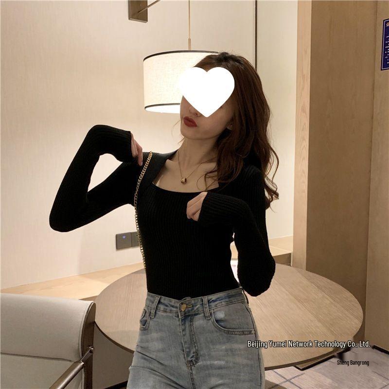Autumn/Winter Women's Square Neck Long-Sleeve Slim Fit Solid Color Sweater - Gentle Style Two-in-One Design