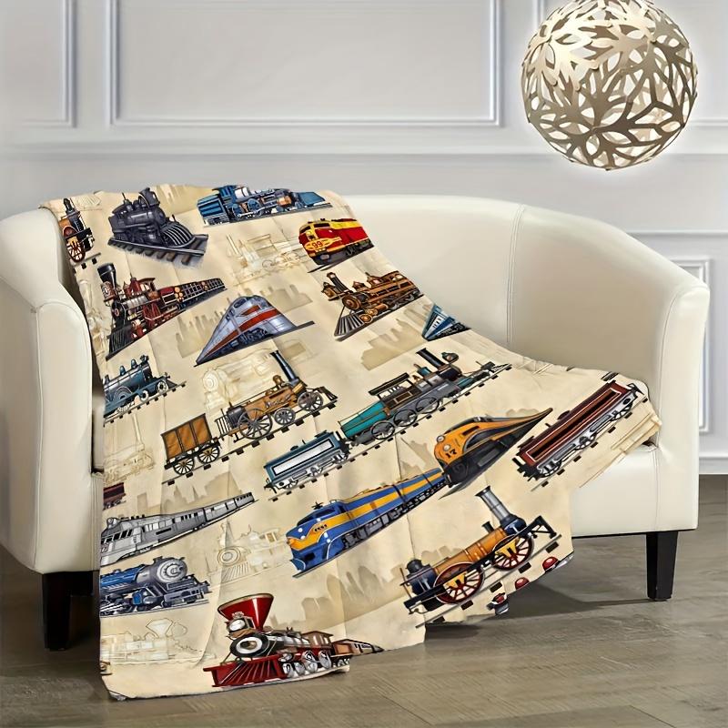 1pc Vintage train themed flannel blanket sofa bed office multipurpose blanket camping travel outdoor blanket 75x100cm