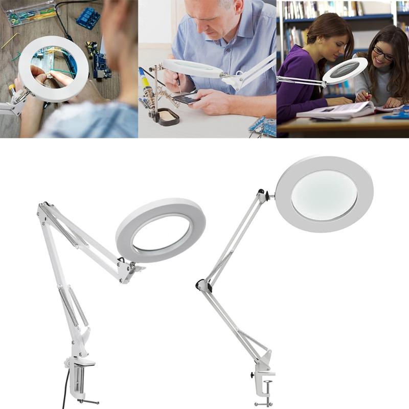 LED Magnifying Lamp Metal Swing Arm Magnifier Lamp - Stepless Dimming 3 Color Modes 5X Magnification Adjustable