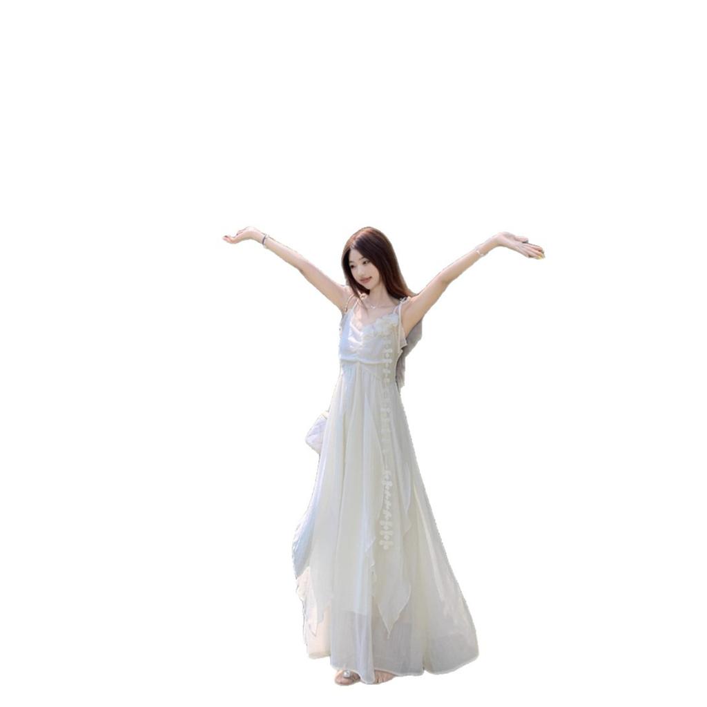 Holiday Style Flower Design Suspender Dress Women's Summer New Waist Thin Very Fairy Long Skirt