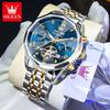 OLEVS 6620 Man Automatic Mechanical Watch Stainless Steel Band Waterproof Luminous Double Calendar Moon Phase Wristwatch for Men