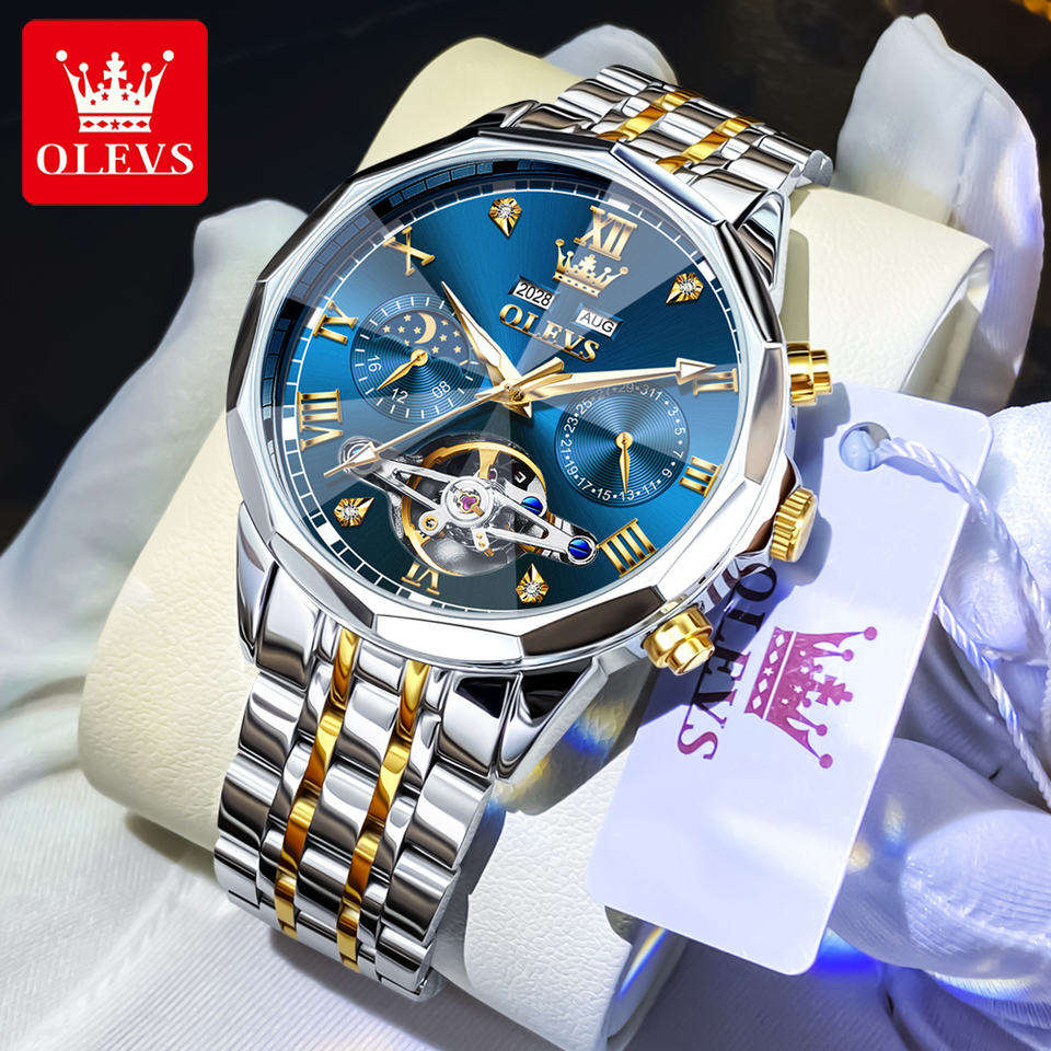 OLEVS 6620 Man Automatic Mechanical Watch Stainless Steel Band Waterproof Luminous Double Calendar Moon Phase Wristwatch for Men