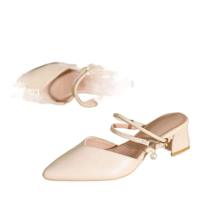 Sandalen Damen 2025 Sommer neue spitze Einzelne Schuhe dicker mittlerer Absatz halbe Spange hoher Absatz französische Tasche Kopf Hausschuhe