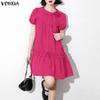 VONDA Women Summer Round Neck Casual Short Sleeve Ruffled Mini Dress