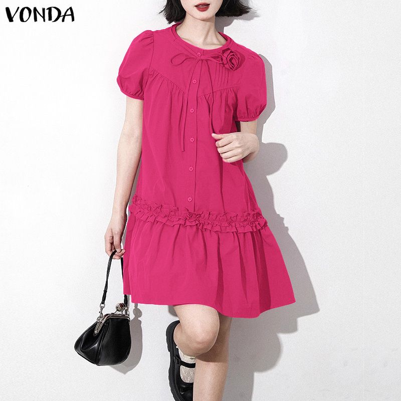 VONDA Women Summer Round Neck Casual Short Sleeve Ruffled Mini Dress
