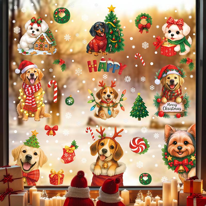 Christmas Decorations Gift Box Static Stickers Shopping Mall Window Decoration Christmas Wreath Puppy Glass Stickers