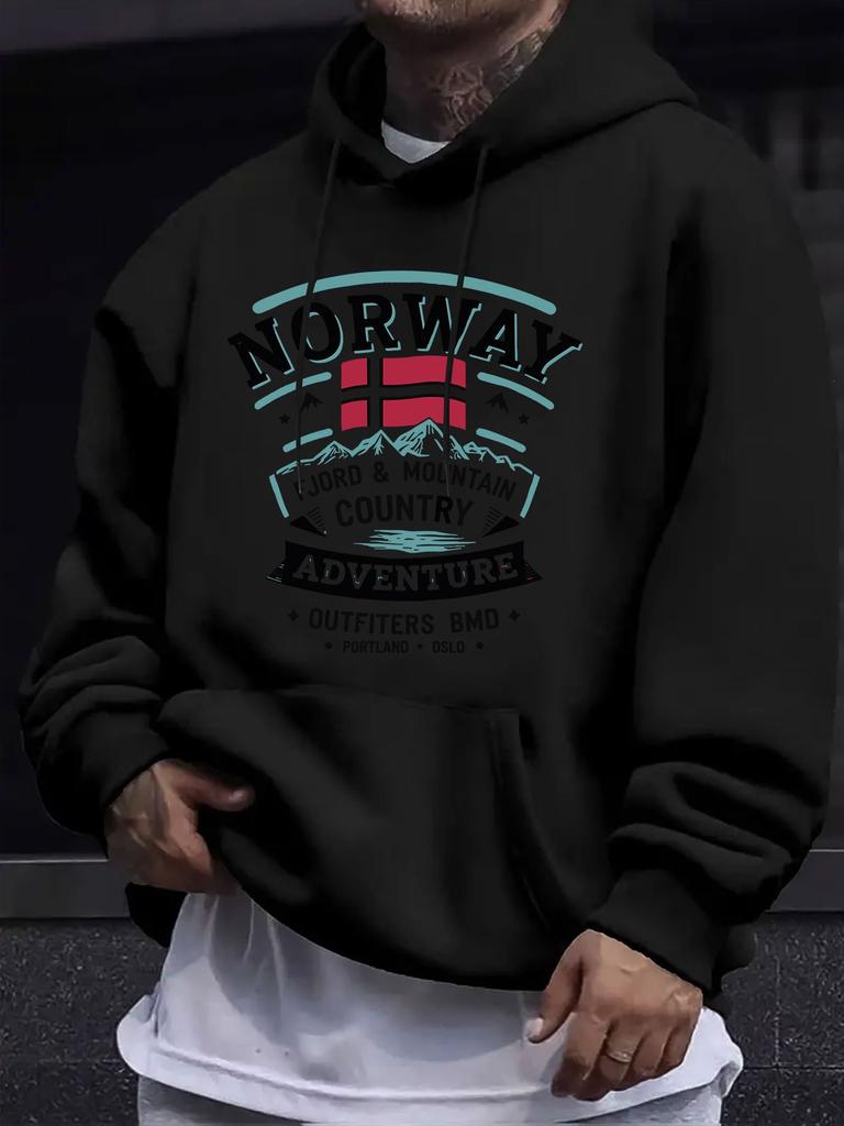 American European Style unisex Autumn Winter Print Hoodie Long Sleeve Sweatshirt, NORWAY Outdoor Adventure Print Hooded Sweatshirt, Vintage Patch Styl