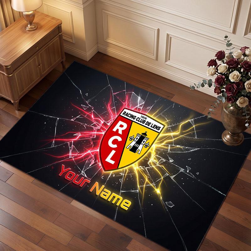 Racing Club de Lens Benutzerdefinierter Kristall-Samtteppich, Personalisierter Namens-Textdruck, Fußball-Logo Weiche Rutschfeste Fußmatte Heimdekoration Geschenk