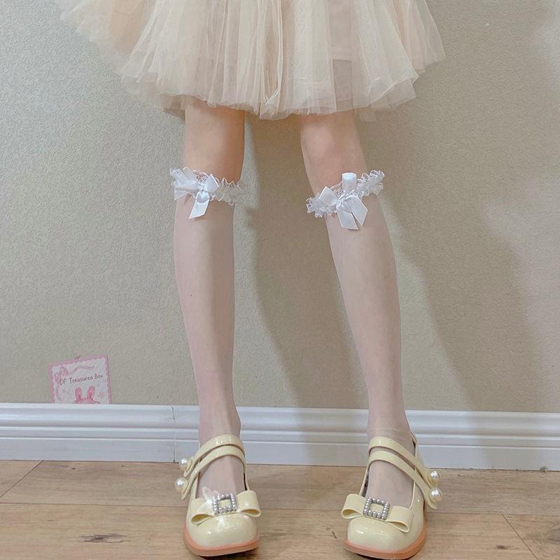 Women's Japanese Lolita Bow Lace Mid-Calf Socks - Black, Thin Summer Silks