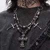 Gothic Punk Skull Cross Pendant Necklace With Rivets Beads Alloy Chain Men Women Dark Style Statement Jewelry
