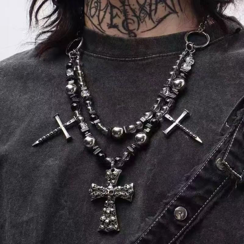 Gothic Punk Skull Cross Pendant Necklace With Rivets Beads Alloy Chain Men Women Dark Style Statement Jewelry