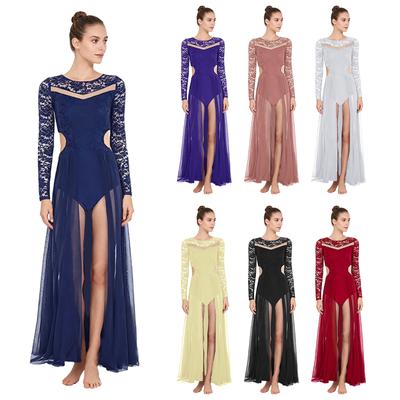 Rochie Lirică de Dans pentru Femei cu Petice Florale din Dantelă, Mânecă Lungă, Decupaje Laterale în Talie, Spate Decoltat, Plasă Fluidă, Rochie de Spectacol