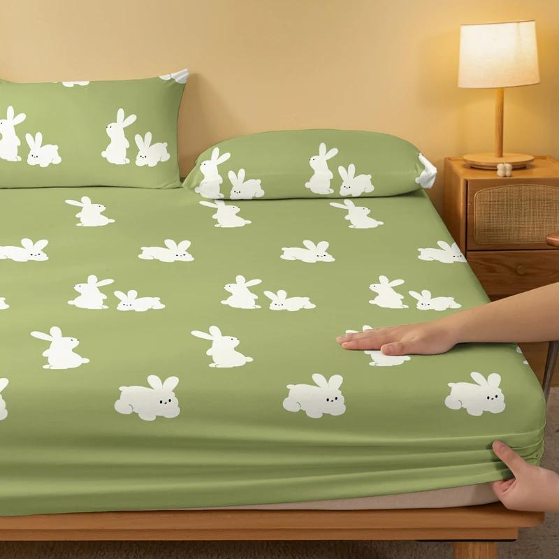 Cartoon 1 Cute Animal Rabbit Printed Matte Fitted Sheet, Bedroom Printed Bed Cover, Bedding Excluding Pillowcases