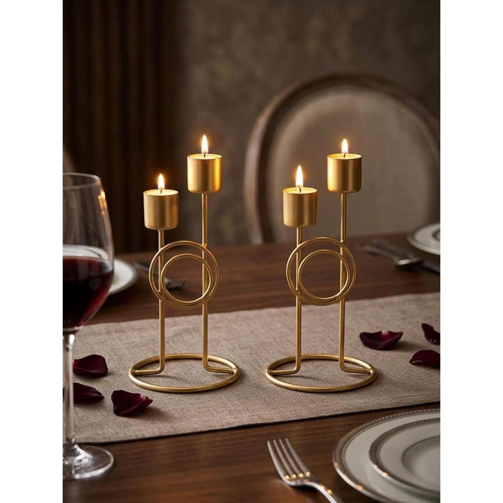 Modern Iron Double Candle Holder Set of 2 – Gold Metal Decorative Candle Stand for Home Decor, Table