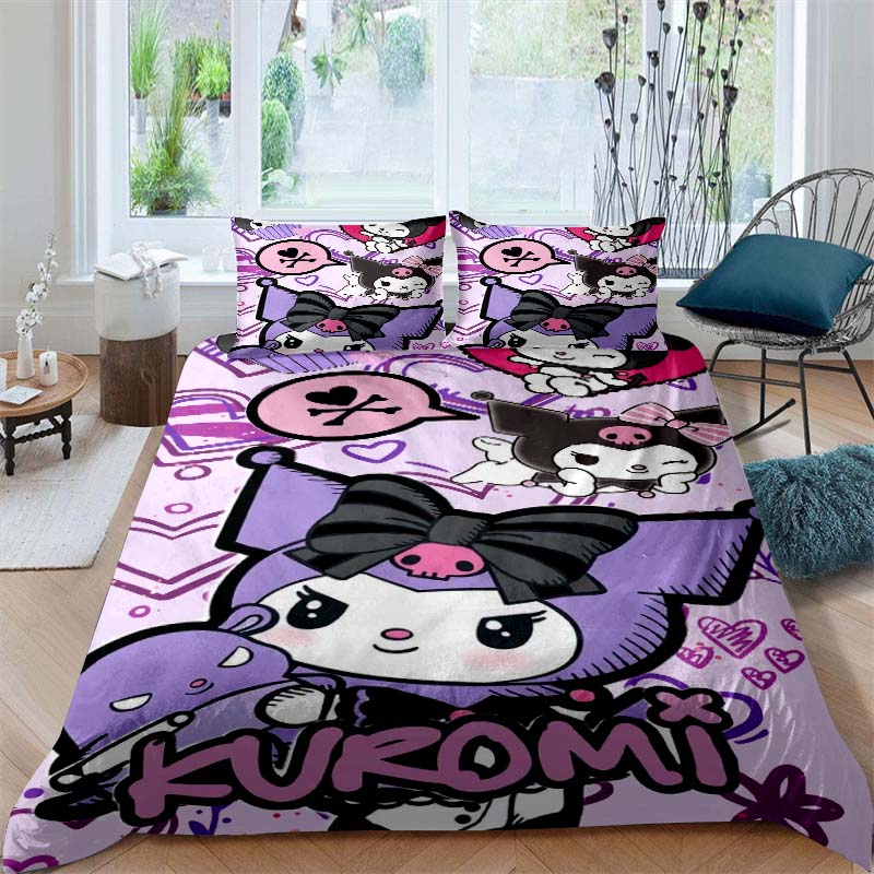 New Kuromi-themed Three-piece Bedding Set, Including Duvet Cover and Pillowcases, But Without Filling. A Great Holiday Gift.