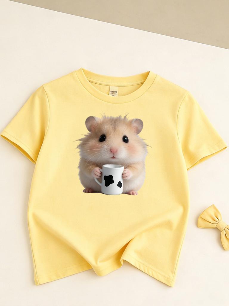 2026 Summer Girls Round Neck Tshirt Casual Pure Cotton Top with Hamster Print Cute and Unique Short Sleeves Girl Clothes
