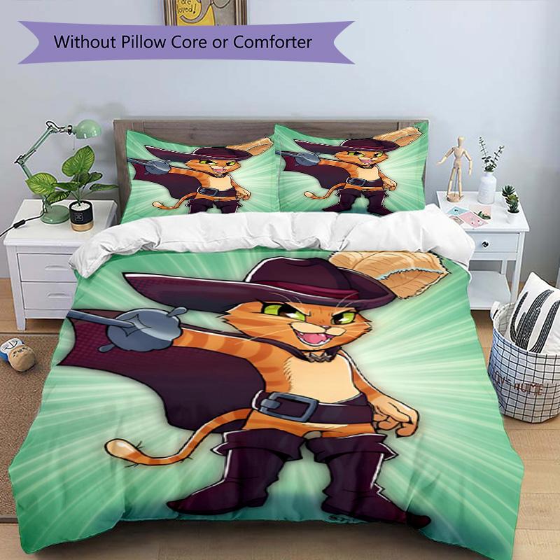 3-teiliges Bettbezug-Set (1 * Bettbezug + 2 * Kissenbezug, ohne Kern), Gestiefelter Kater Druck Bettwäsche-Set, Schlafzimmer-Dekoration, Ganzjahres, Geburtstagsgeschenk