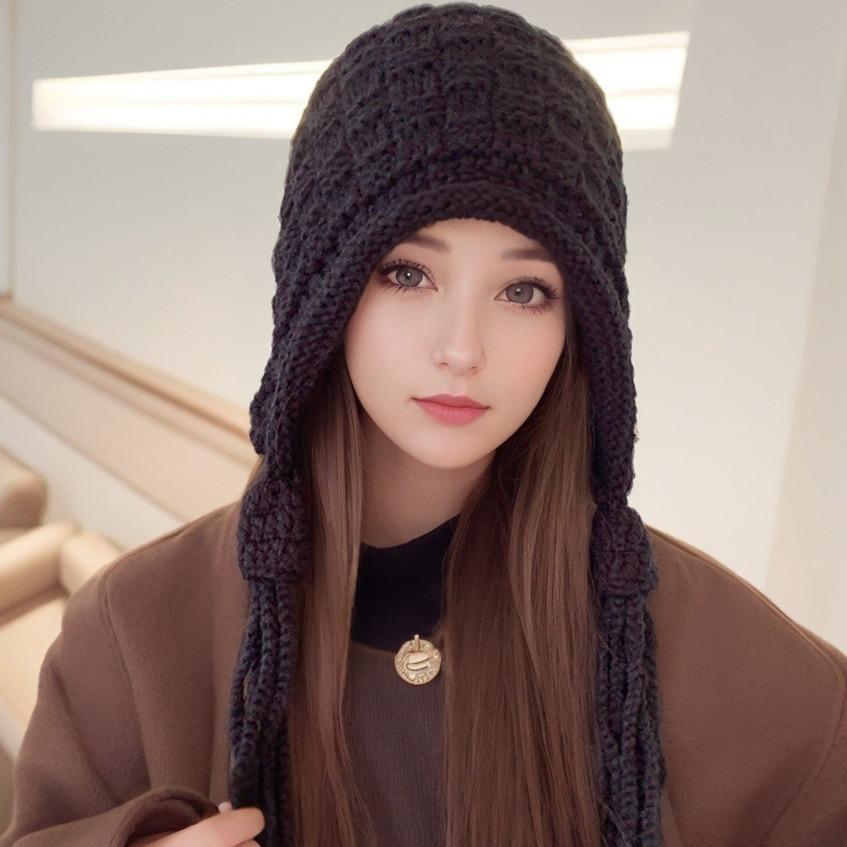 Winter Hat Women's New Niche Versatile Fringed Hand-knitted Pullover Wool Hat Ear Hat