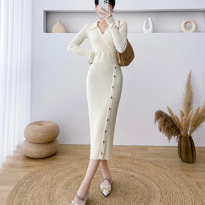 GMXIA Dress Fall Winter Waist Mid-length Wrap Hip Skirt with A Base Tight Knit Dress