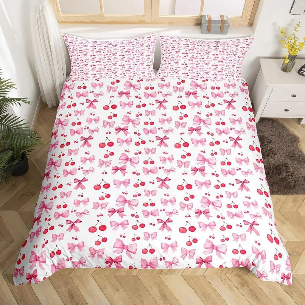 3D Bowknot Print Duvet Cover Set, Cute Bow Heart Pattern Bedding Set, Soft Microfiber Quilt Cover With Pillowcases
