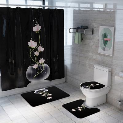 4pcs Beach Bathroom Set Shower Curtain Toilet Seat Cover Bath Mat+Non-Slip Rug