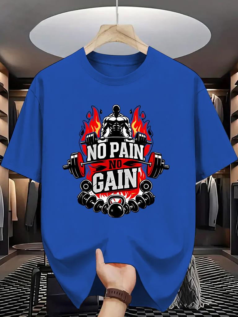 Fitness Gym Unisex Short Sleeve Tshirt No Pain No Gain Bodybuilder Dumbbell Flame Print O Neck Tee Workout Male Casual Fashion Tops