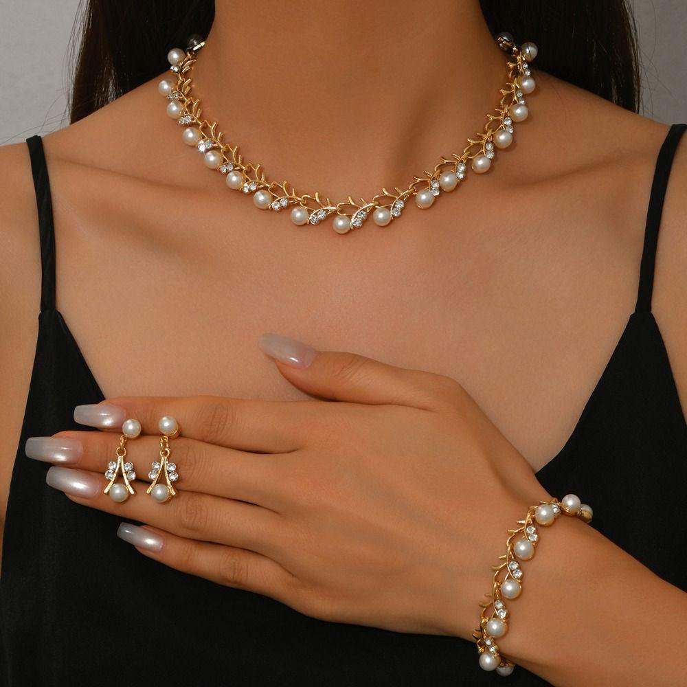4Pcs Zinc Zinc Alloy Pearl Jewelry Set Bohemian Style Women Jewelry Suit Necklace Earrings Bracelet Set Women