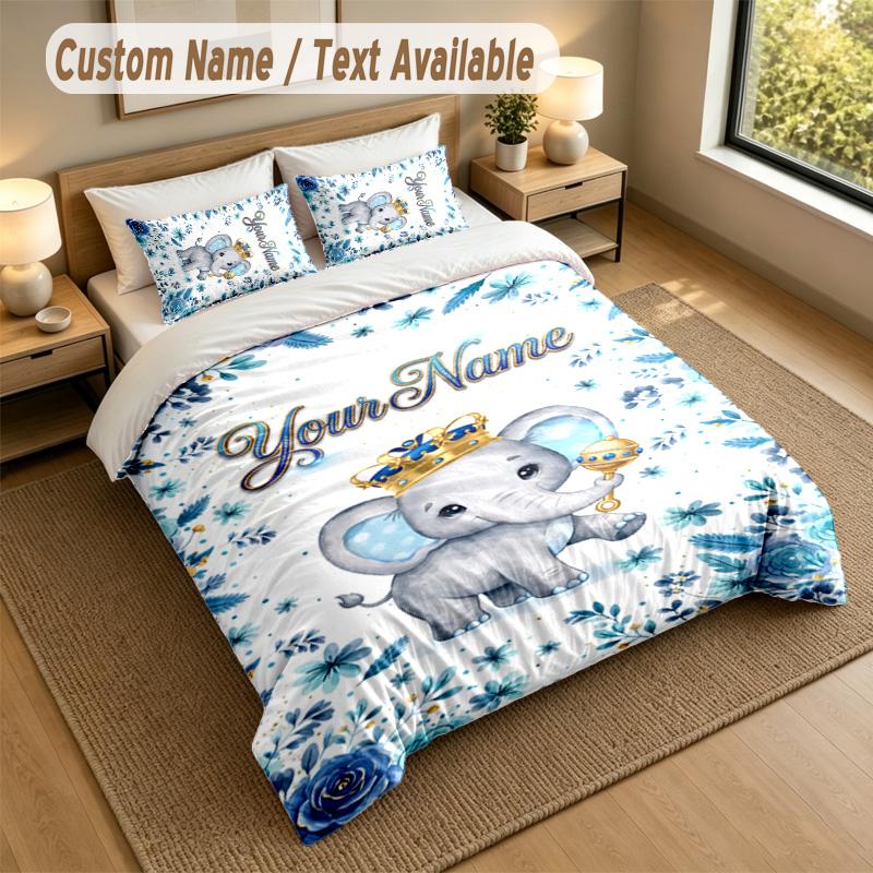 Elephant Theme Personalized 3Pcs Bedding Set Custom Text & Name 1 Sheet 2 Pillowcases Household Bedding 1pc