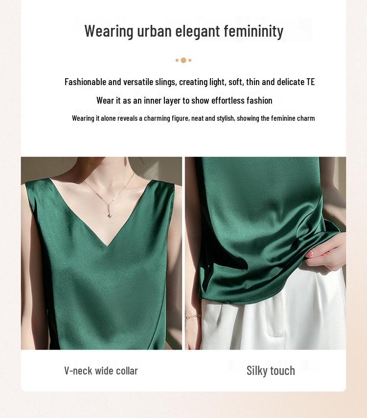 Dámský top camisole ze saténu s výstřihem do V - Bez rukávů, triacetátová základní vrstva na jaro.