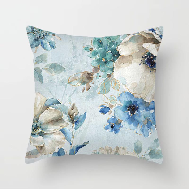 Blue flower and bird printed polyester square cushion cover for home living room sofa office decoration waist cushion pillowcase