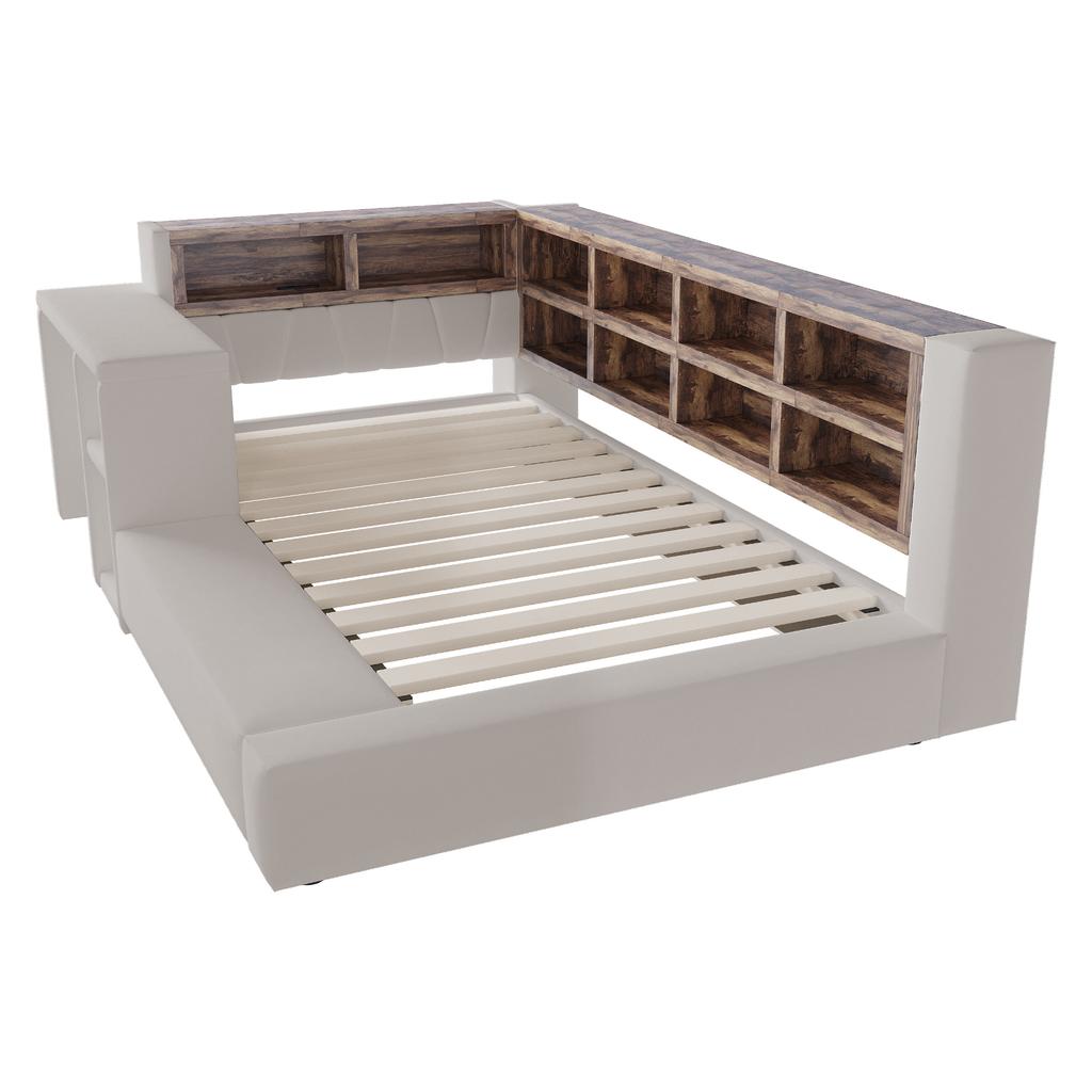 Upholstered Bed 90 X 200 Cm, Multi-Level Storage Compartments, LED Lighting, Integrated Sockets Headboard, Side Table, Padded Backrest, Light Grey