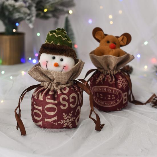 Christmas Drawstring Gift Bag 3D Plush Reindeer Santa Snowman Fruit Sacks Reusable Fabric Candies Goodie Storage Bag for Xmas Party Favors