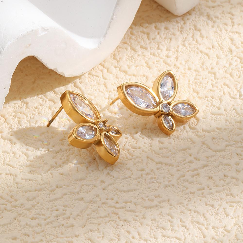 European and American Fashion Niche Geometric Personality Stainless Steel Plated with 18K Zircon Flower Earrings for Women
