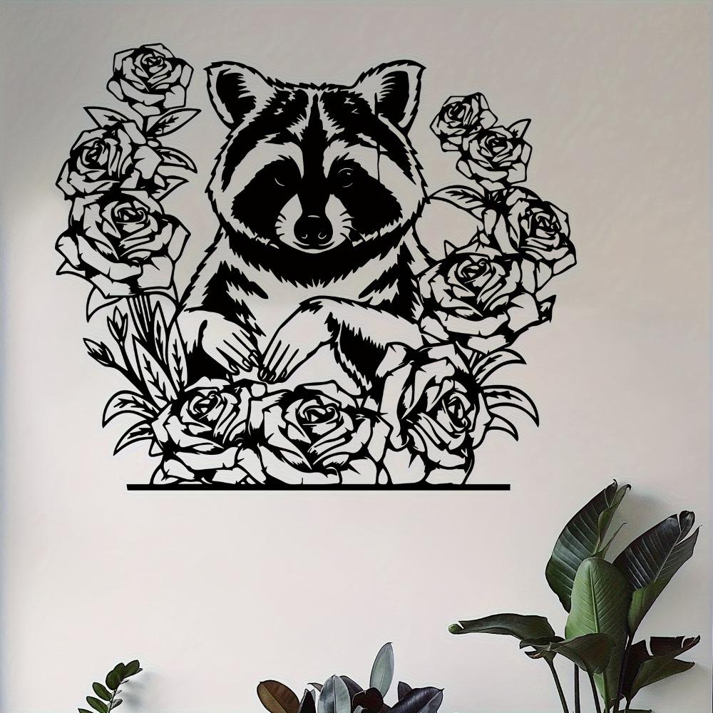 Rustproof Metal Wall Art Raccoon and Rose Sculpture Indoor Outdoor Decor Valentine Wedding Gift