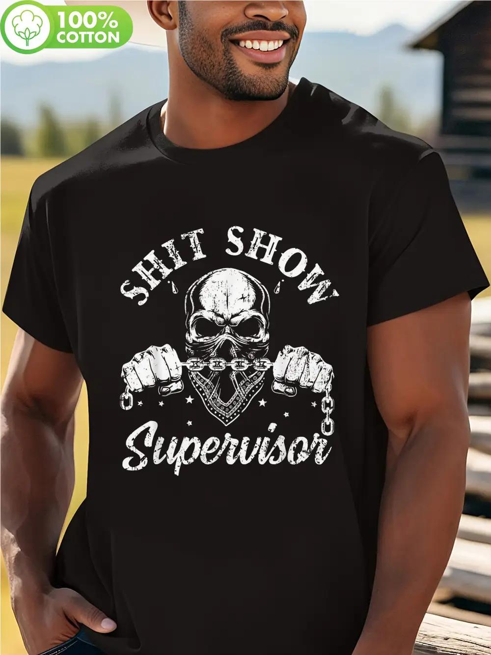 

Shit Show Supervisor Skull Graphic T-shirt - Edgy Humor Design with Crossed Guns & Bandana XXL