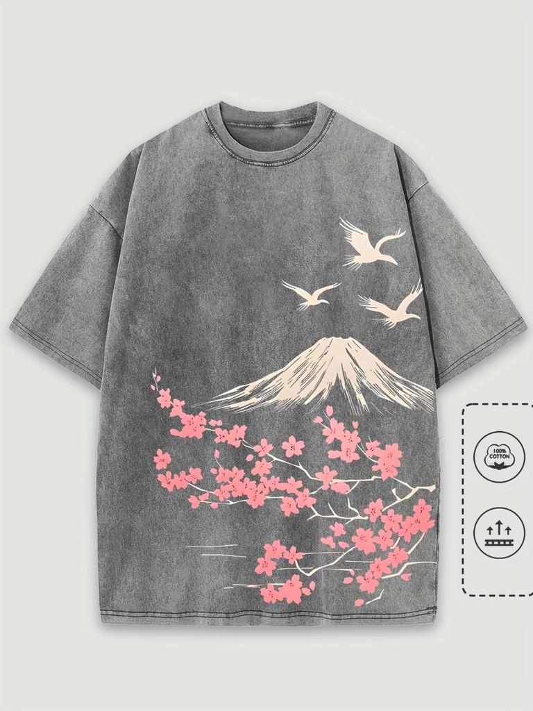 Unisex Vintage Hip Hop Casual Crew Neck TShirt  Cotton Washed Floral Mountain Graphic Print Streetwear Graphic Tee