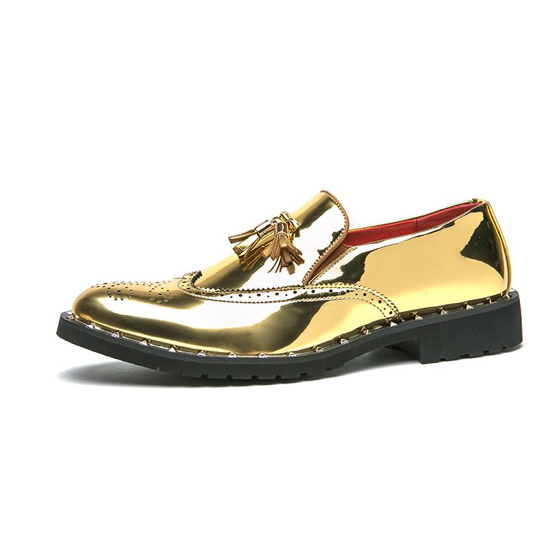Men's Gold Tasseled Loafers Gold Dress Wingtip Shoes Stylish Leather Prom Blazers Dance Disco Party Shoes Large Size