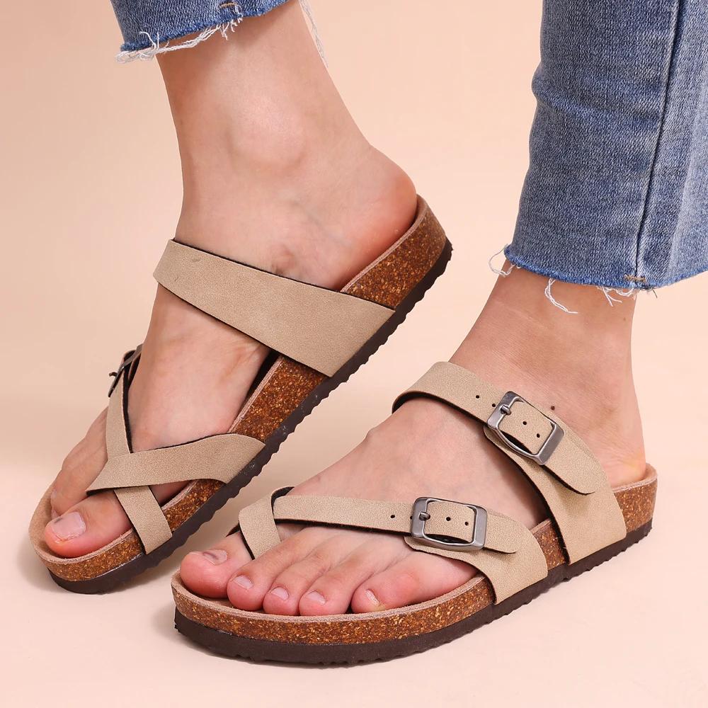 Fashion Kidmi New Fashion Women's Sandals Summer Cork Clogs Sandals Classic Women Mules Soft Suede Beach Slides With Adjustable Buckle